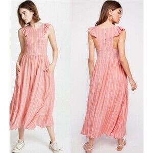 Free People Smocked Striped Long Button Dress Medium